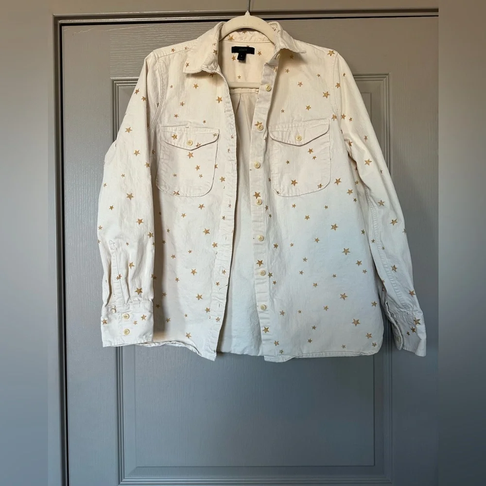 J.Crew Star Embroidered Utility Shirt Shacket Cream Gold Stars Button Front Sz S